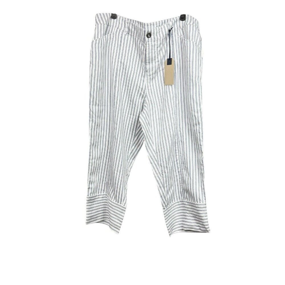 BLUE EARTH Cropped Pants Blue White Striped Soft Lyocell Linen Blend Sz 16 NWT